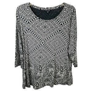 Lucky Brand Plus Size 1X Top Black White Paisley Tunic 3/4 Sleeve Boho Artsy 979